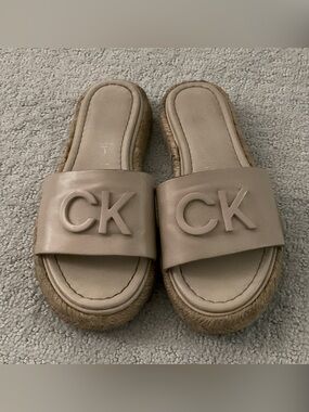 Calvin Klein Beige Taupe Logo Espadrille Slides